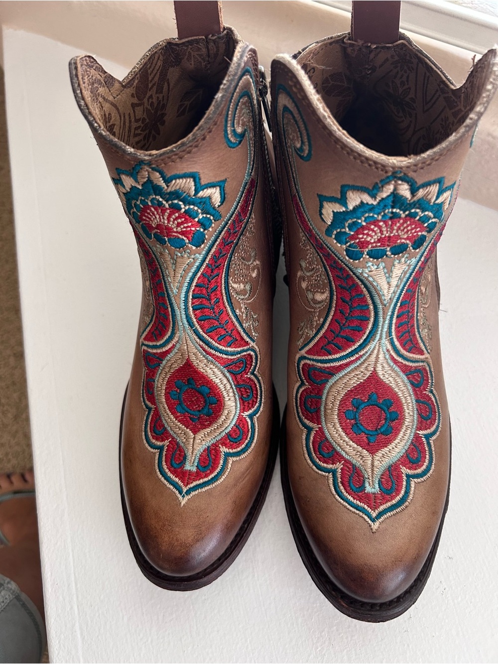 Coral Embroidered Tan Western Ankle Boots with Reddish Rust & Teal Accents